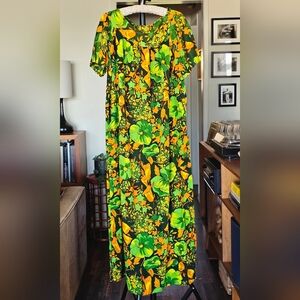 70s Retro Hawaiian Maxi Mumuu Dress Green Orange Floral